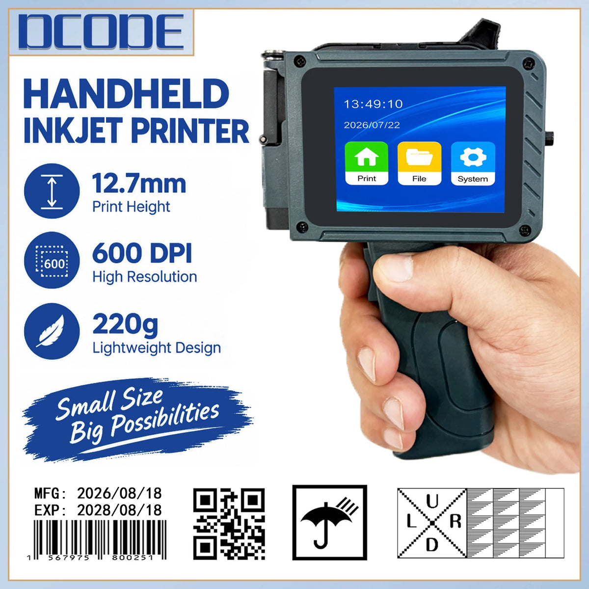 DCODE DC15 12.7mm Portable Handheld Inkjet Printer Lightweight Coding Machine Logo QR Barcode Text Image Date Handheld Printer Pi-Mart