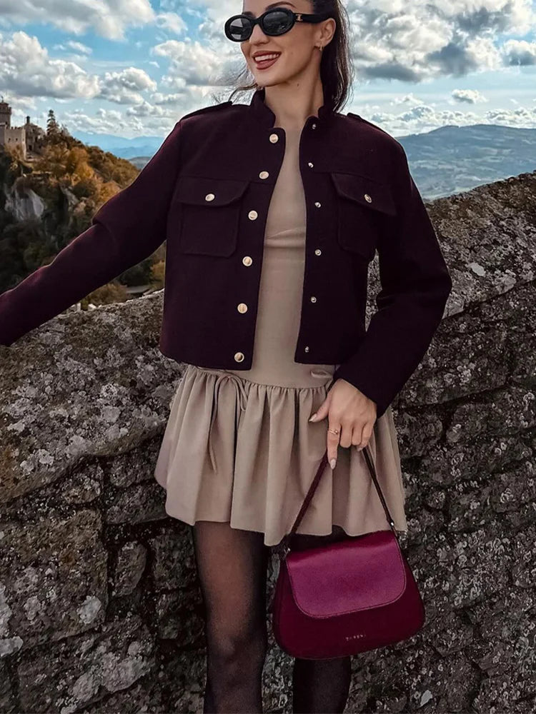 HH 2024 Fashion Women Soft Tweed Bomber Jacket O-Neck Long Sleeve Pockets Buttons Loose Woolen Coat Female Streetwear LadyShow.Store