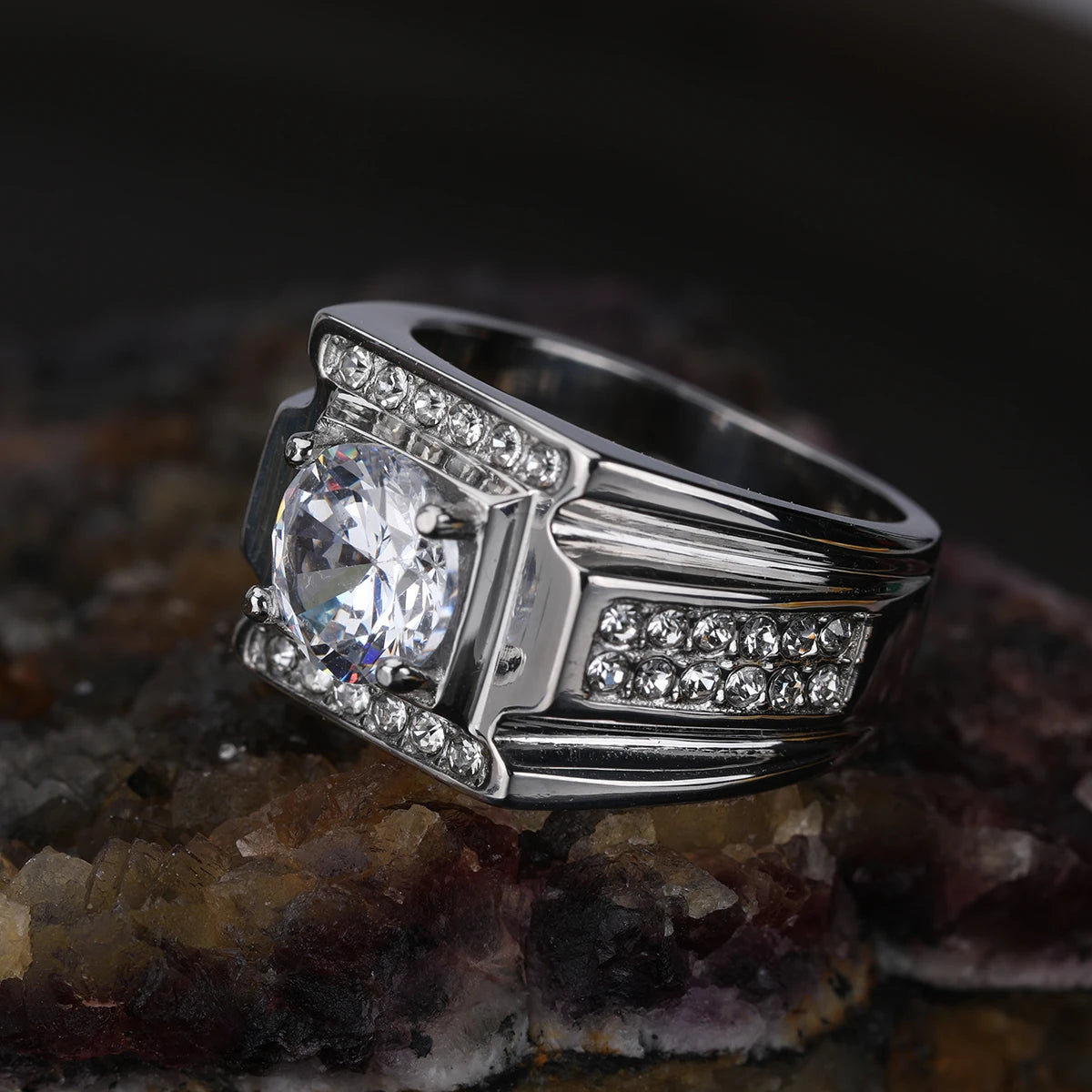 Keisha Lena AAAAA Zircon Men Ring Stainless Steel 18K Gold Plated Engagement Rings For Man Jewelry Waterproof Allergy-Resistant Pi-Mart