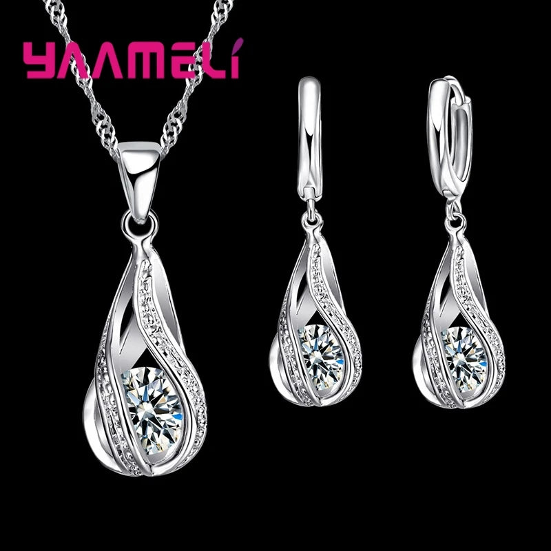 Hot Water Drop CZ 925 Sterling Silver Plated Jewelry Set For Women Pendant Necklace Hoop Earrings Wedding Party Ceremoey Anel Pi-Mart