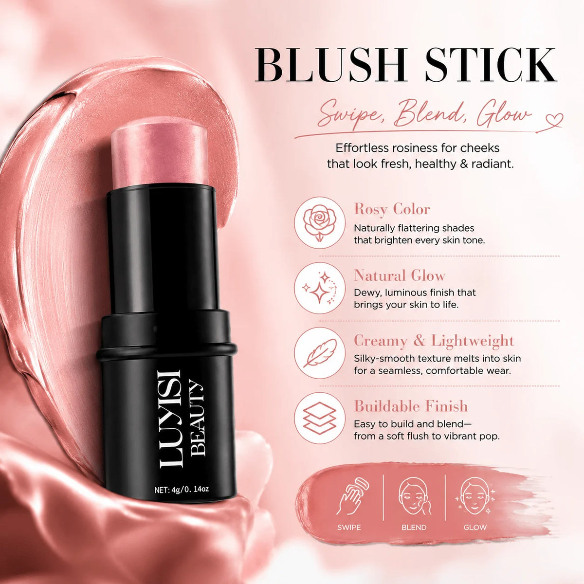 1PC Soft Rosy Color Blush Stick,Creamy Face Makeup,Waterproof,Natural Radiant Glow Finish, Lightweight Cheek,For Daily Makeup, Pi-Mart