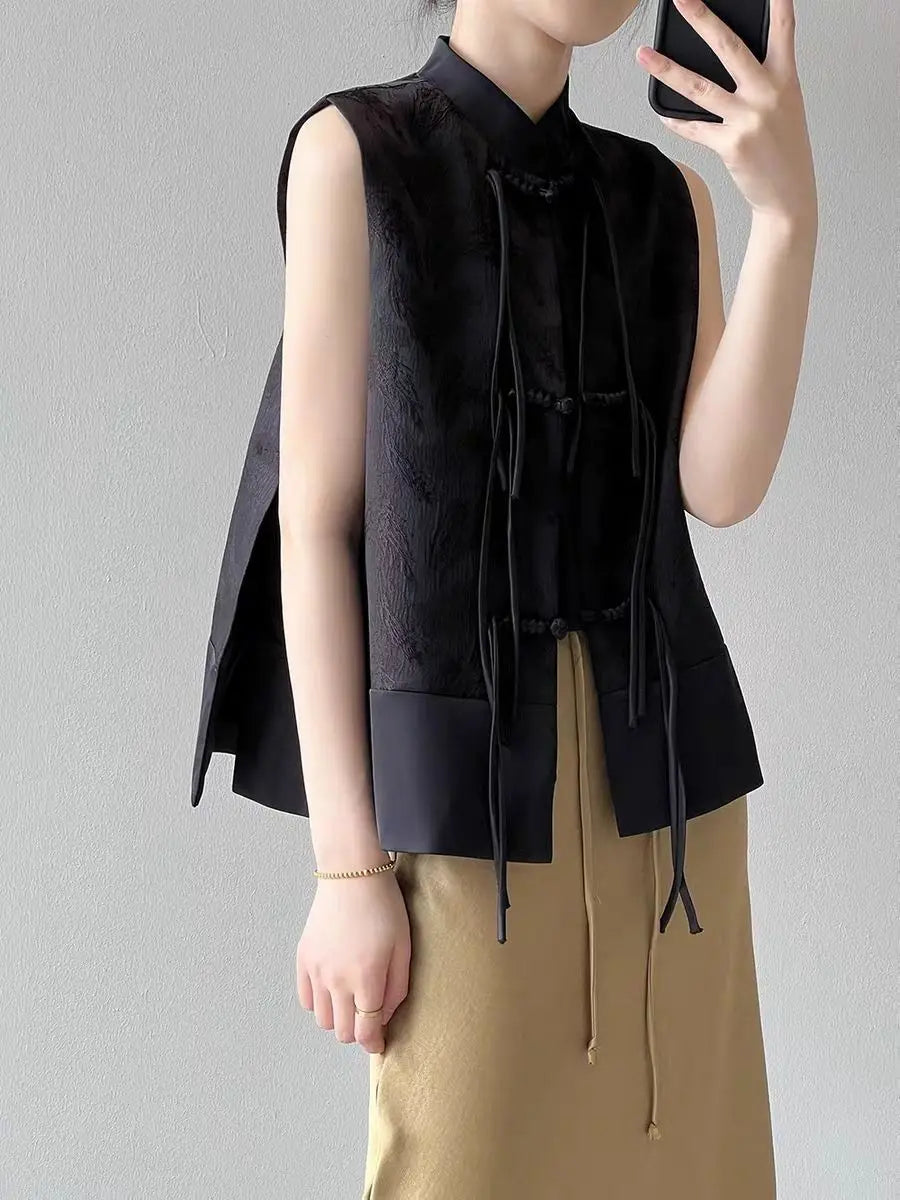 2026 spring new chinese new style plate buckle waistcoat jacket jacquard stand collar sleeveless retro women cheongsam waistcoat Pi-Mart