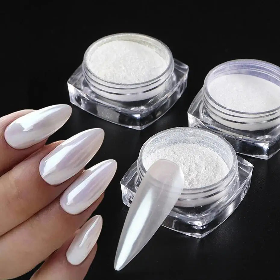 Moonlight Pearl White Nails Glitter Dust Chrome Aurora White Rubbing on Powder Shell Mirror Pigment Nail Art Supplies Decoration Tri Light Beauty