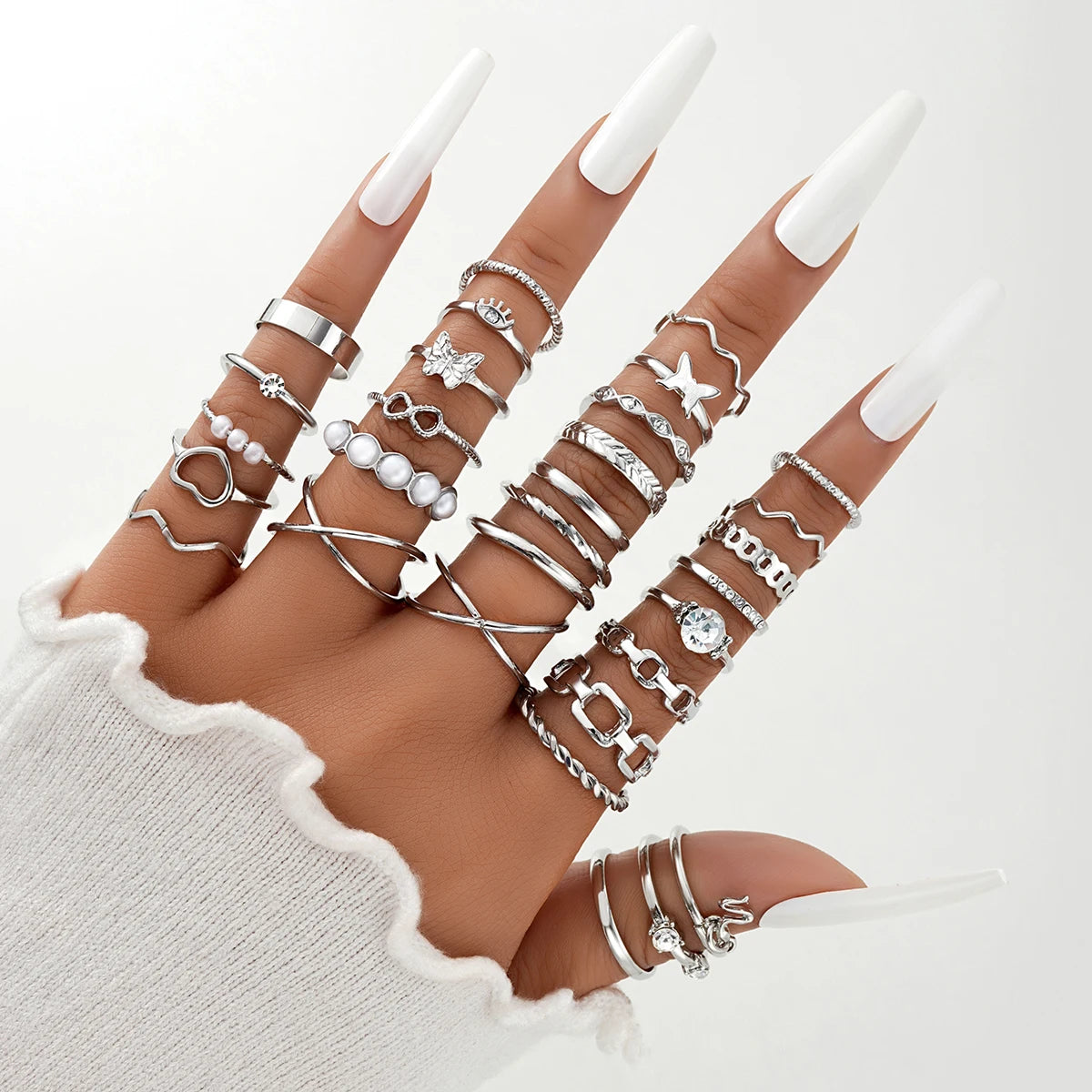 58PCS Vintage Heart Snake Butterfly Rings Set for Women Fashion Metal Gold Plated Geometric Hollow Finger Ring Jewelry Gifts New Pi-Mart