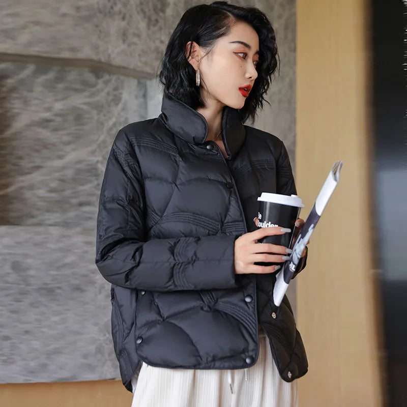Women's Winter Short Down Jacket Stand Collar Plaid Solid White Duck Down Coat Lady Puffer Jackets  max mara пуховик JK-229 LadyShow.Store