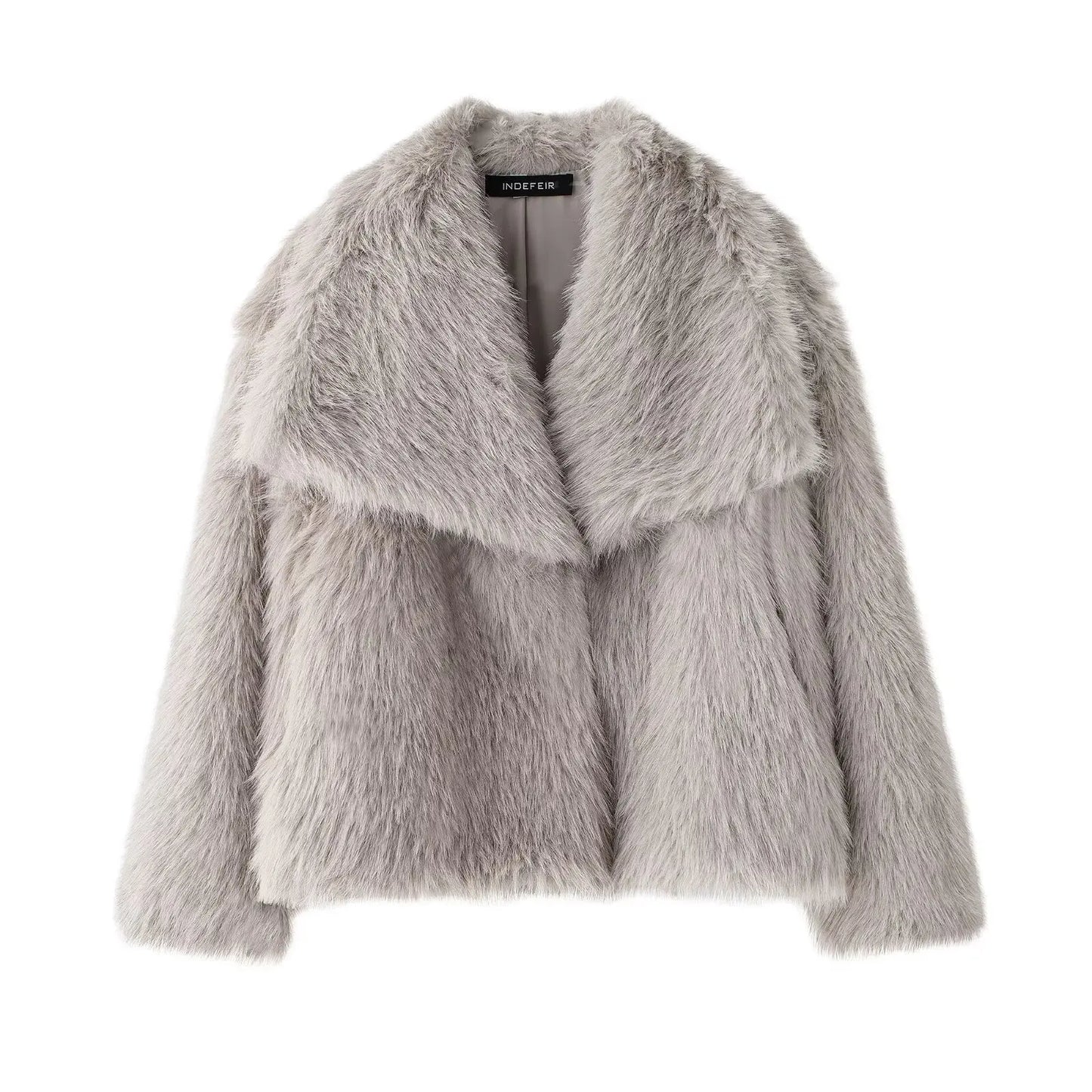 HH Women Fashion Cropped Faux Fur Jacket Coat Long Sleeve Front Snap-button Female Outerwear Chic Lapel Collar Thick Coat LadyShow.Store