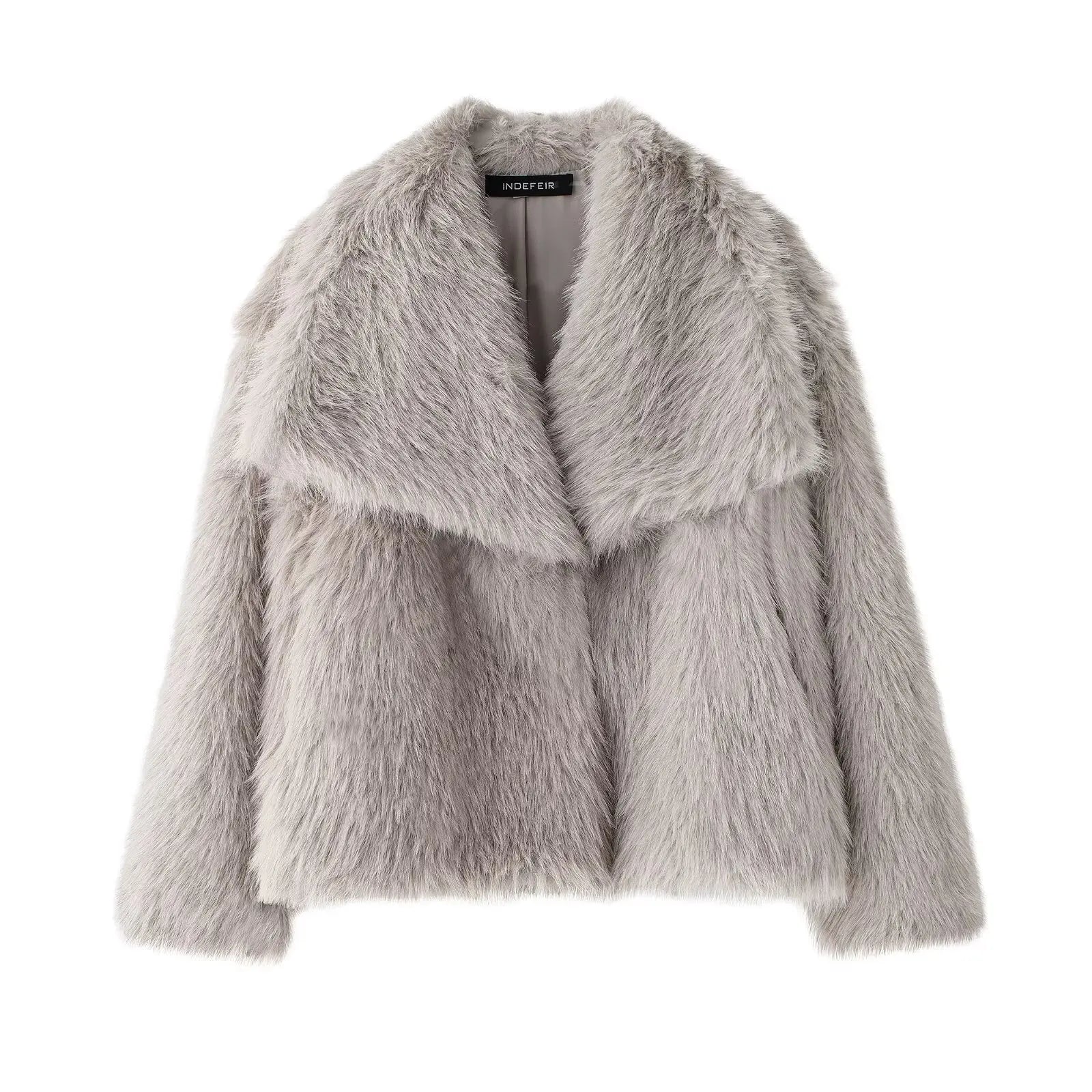 HH Women Fashion Cropped Faux Fur Jacket Coat Long Sleeve Front Snap-button Female Outerwear Chic Lapel Collar Thick Coat LadyShow.Store