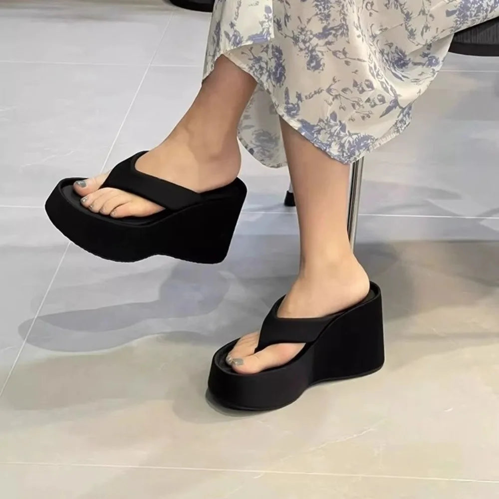 Women Slippers Height Increase Thick Soled Flip Flops Women's Summer Outside Pinch Feet Slippers Women Wedge Heel Sandals LadyShow.Store