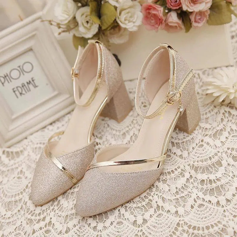 Fashion Spring and Summer Black High-heeled Shoes Women's High-quality Silver Wedding High-heeled Shoes Women's Gold Party Pump Pi-Mart