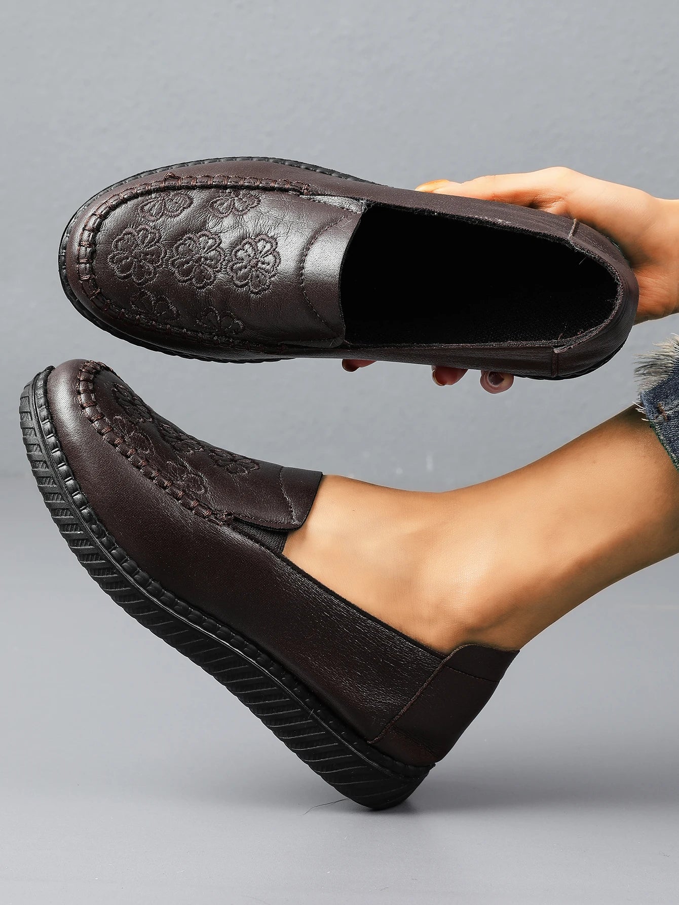 Women's Spring Autumn Leather Loafers Floral Embossed Slip‑On Flats Anti‑Slip Comfort Casual Mom Daily Walking Free Shipping Pi-Mart