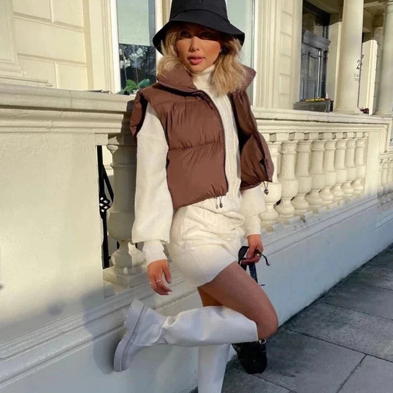 Autumn And Winter Women's Short Cotton Down Vest Short Stand-up Collar Warm Sleeveless Quilted Vest Outdoor Travel Jacket Tops LadyShow.Store