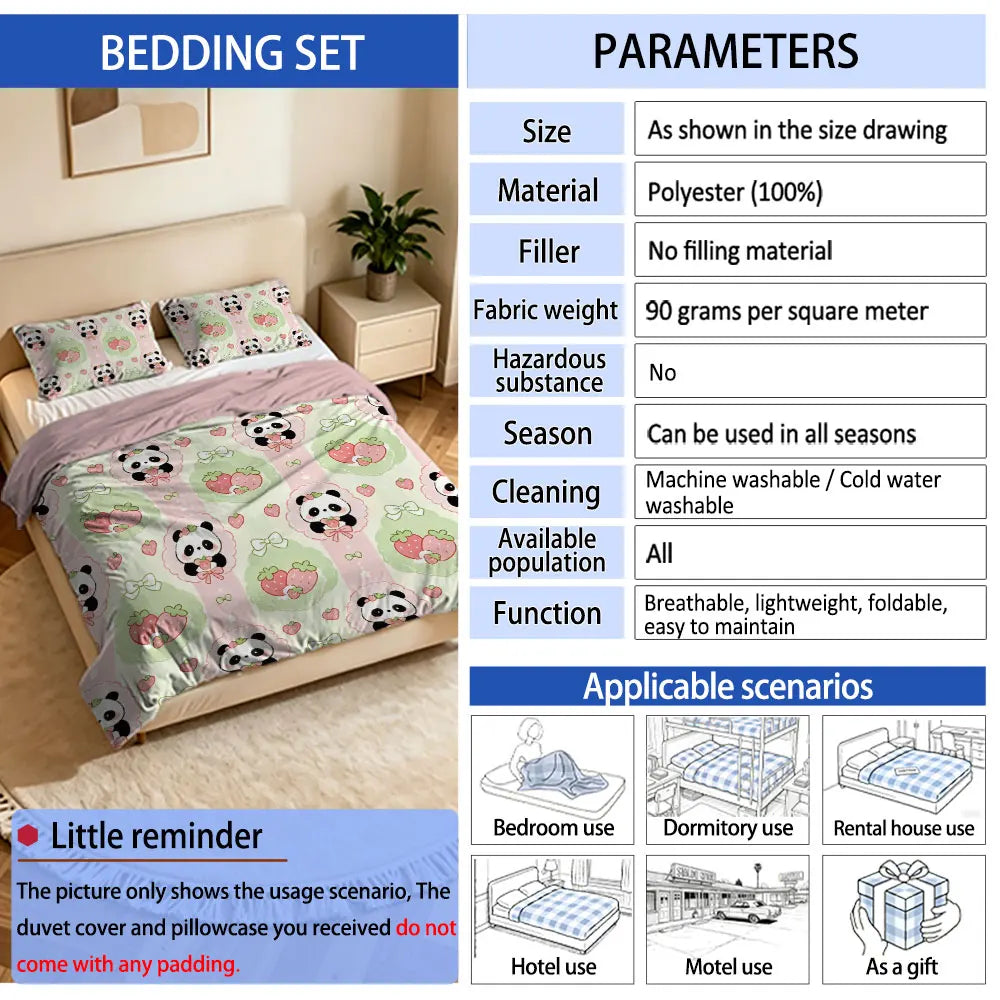 3pcs Cartoon Panda Print Coreless Duvet Cover Cool Summer Lightweight Bedding Set Multi Size Bedroom Bedding Decoration Pi-Mart