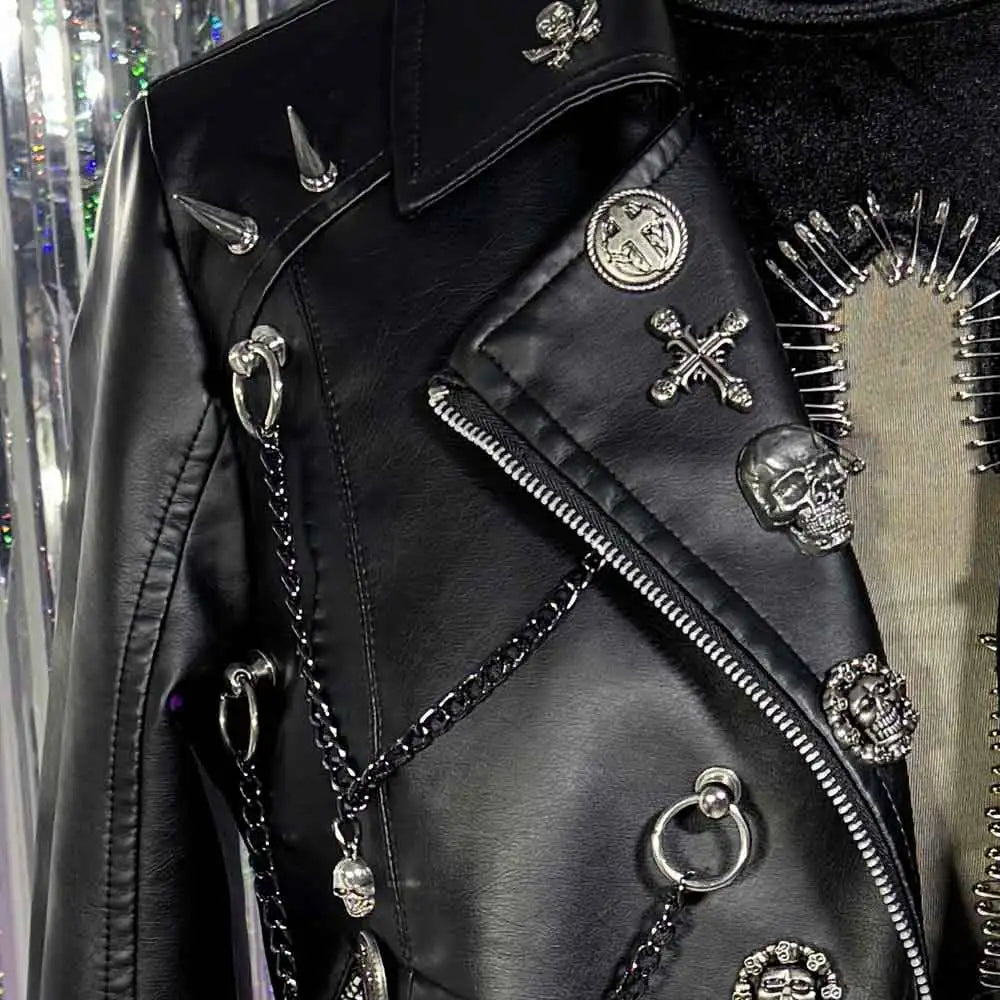 Women's Y2K Goth Black PU Leather Jacket Gothic Boho Emo Clothing with Skull Chain Punk Rock Grunge Rave Festival Coat for Teens Pi-Mart