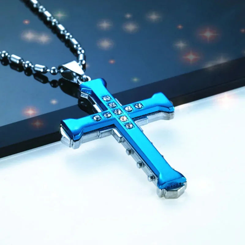2024 New Male Crystal Cross Jesus Pendant Gold/Black/Blue Color Zirconia Cross Pendant Necklace Stainless Steel Jewelry Pi-Mart