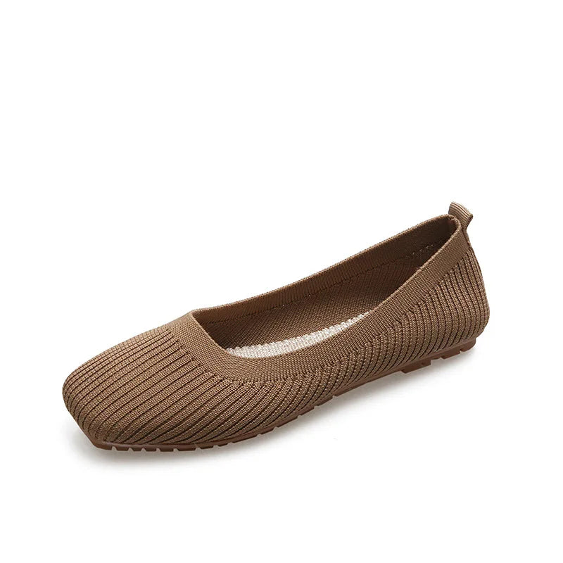 Women Leisure Flats Summer Autumn Flat Shoes Breathable Knitted Square Toe Slip-on Female Daily Walking Driving Loafers Pi-Mart