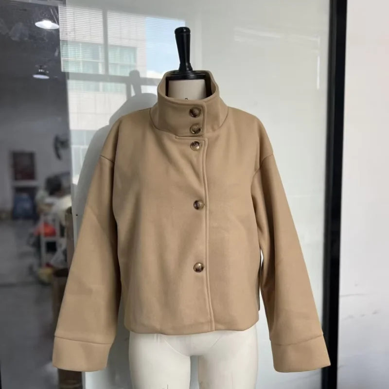 Fashion Short Woolen Coat For Women Stand Collar Full Sleeve Loose Zipper Jacket Female 2025 Spring Autumn Solid Lady Outwear LadyShow.Store