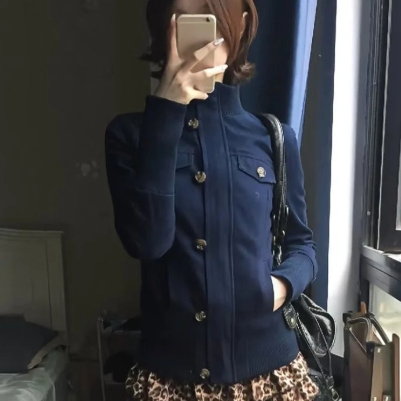Vintage Cropped Jackets Women Harajuku Casual Slim Fit Zipper Coat Y2K Streetwear Long Sleeve Outerwear Autumn New Arrival Pi-Mart