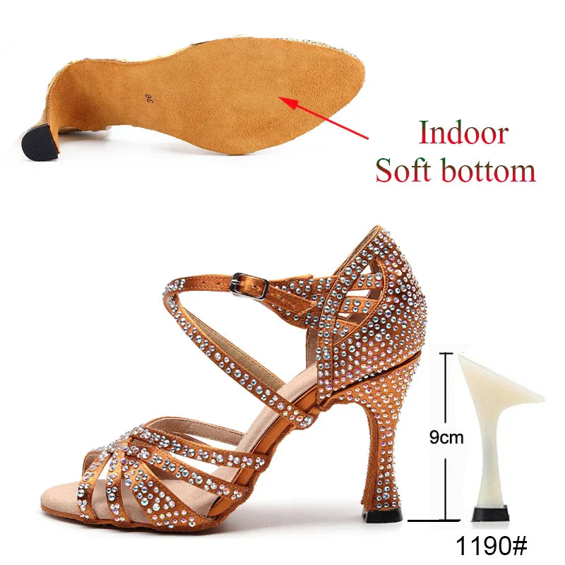 Latin Dance Shoes Ladies Salsa Tango Sneakers Training Dance Shoes High Heel Sandals Summer Square Dance Shoes Bronze Black LadyShow.Store