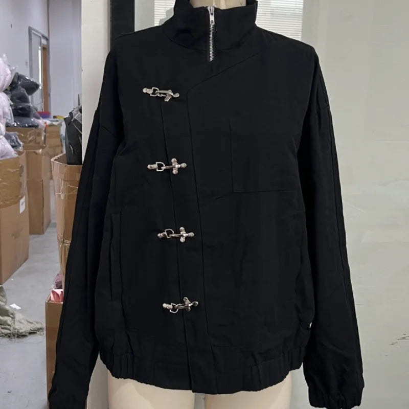 Stylish Girl Stand Collar Street Jacket Personality Button Zipper Solid Jacket Date Commuter Clothing Female New Casual Clothes Pi-Mart