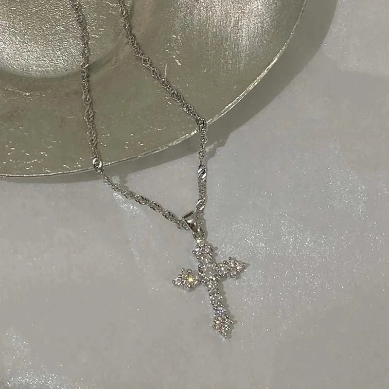 Shiny Crystal Zircon Cross Pendant Necklace for Women Girls Punk Silver Color Thin Chain Necklace Party Jewelry Birthday Gift Pi-Mart
