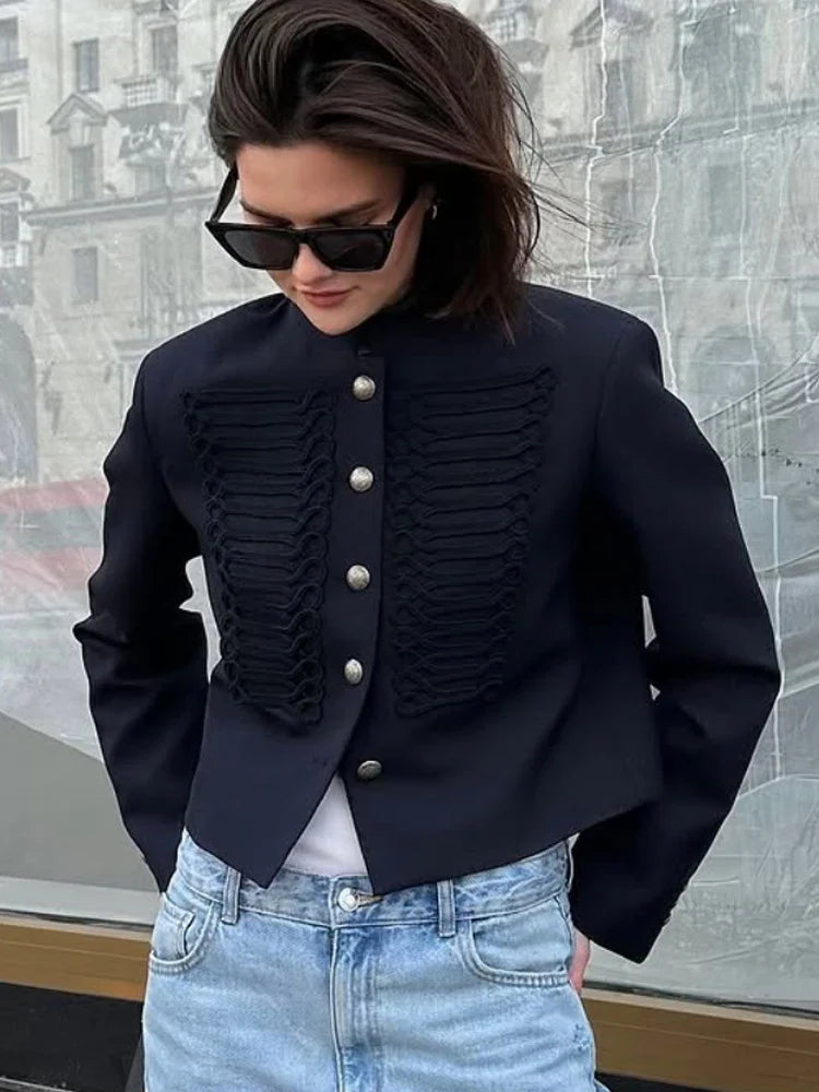 Retro Denim Military Jacket Women Vintage Solid Single Breasted Stand Collar Slim Short Jackets 2026 Lady Daily Street Outerwear LadyShow.Store