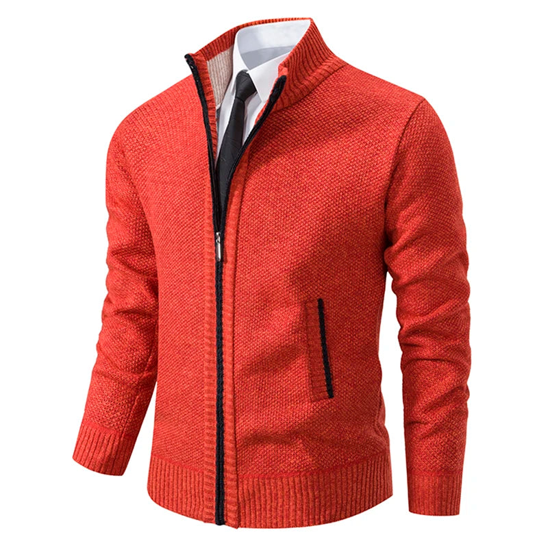 Autumn And Winter New Jersey Men's Casual Sports Coat Solid Color Stand Collar Wweater Grab Fleece Warm Zipper Cardigan Pi-Mart