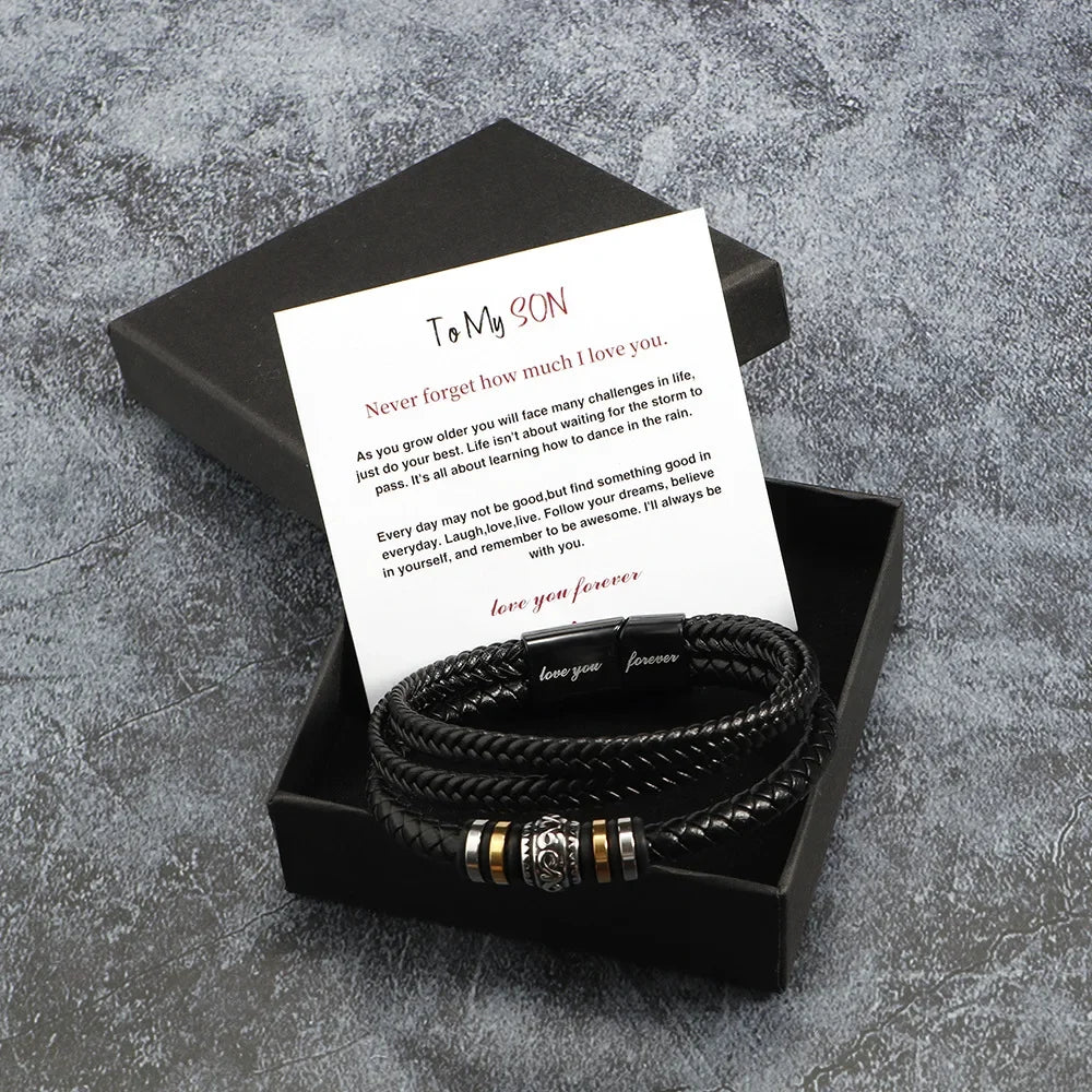 Bracelet for Son/Grandson From Parents, Stainless Steel Leather Bead Grown Up Meaningful Graduation Gifts for His Birthday 8.5" Pi-Mart