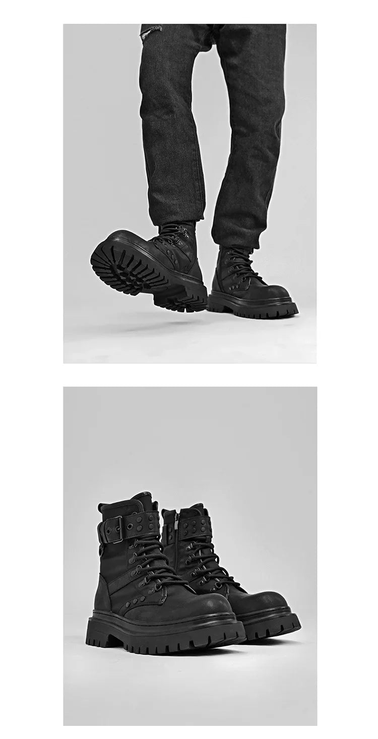 Men's boots 2025 autumn retro British style black workwear boots casual short boots versatile thick soled motorcycle boots Pi-Mart