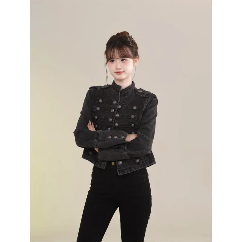 Women's American Retro Denim Military Inspired Cropped Jacket Long Sleeve Stand Collar Casual Motorcycle Coat LadyShow.Store