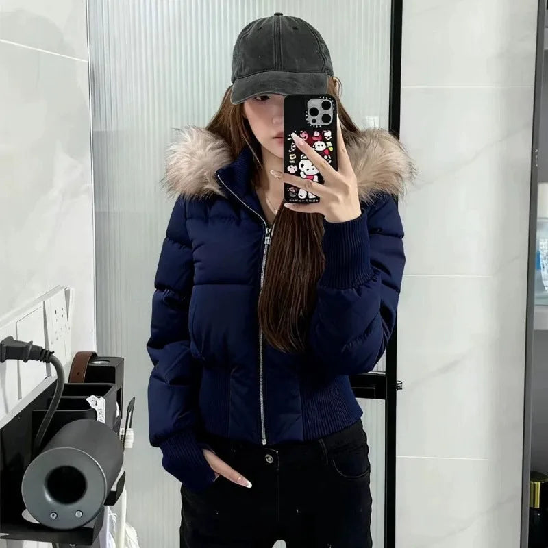 Autumn Winter Fur Collar Hooded Cropped Puffer Jacket Women's Warm Cotton Padded Jacket Short Top Windproof Coat Y2K High Waist LadyShow.Store