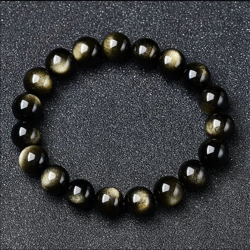 Natural Golden Obsidian Stone Beads Bracelet Men Women Golden Light Rainbow Obsidian Raw Stone Round Bead Natural Energy Jewelry Pi-Mart