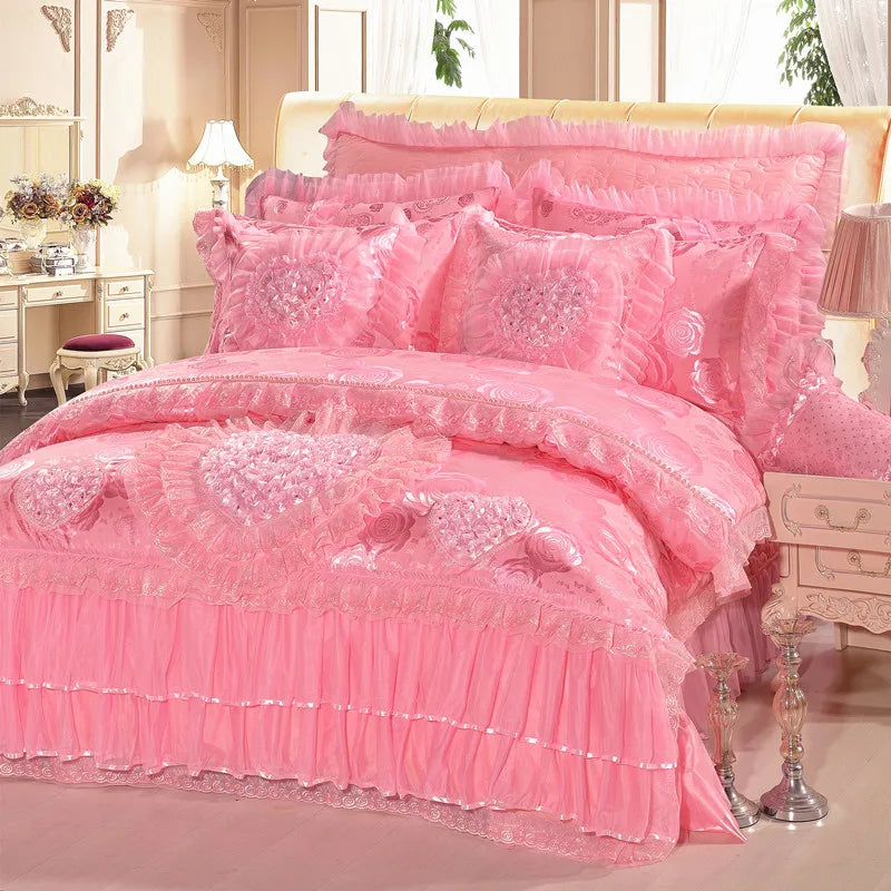 Luxury Wedding Bedding Sets Queen King Size Pink Princess Lace Bedcover Set Jacquard Duvet Cover Bed Sheet Pillowcases LadyShow.Store