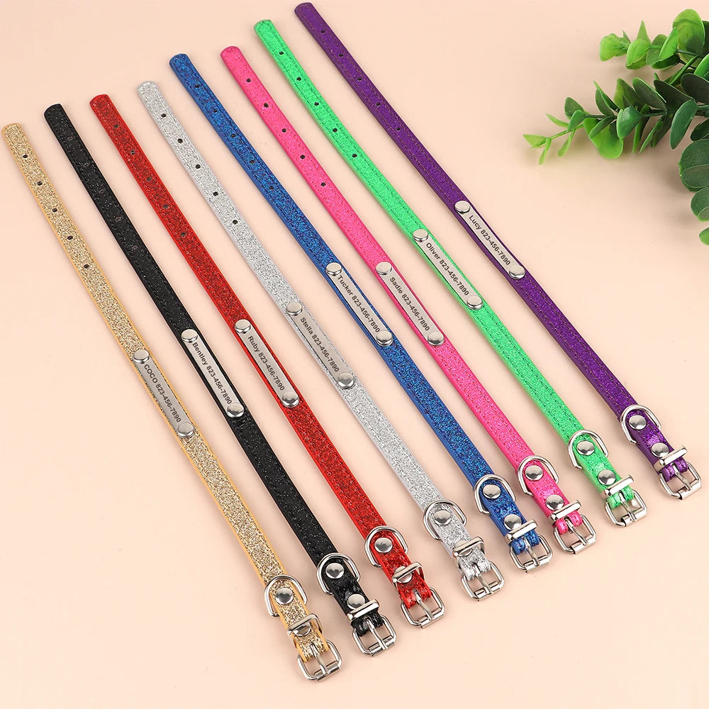 Personalized Cat Collar Custom Leather Cat Collars Free Engraved Puppy Kitten ID Necklace Bling Pet Collars for Small Dogs Cats Pi-Mart