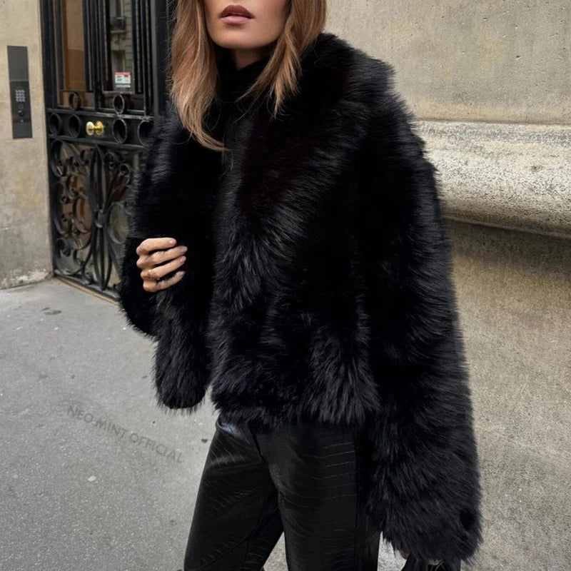 Neo Mint Street Fashion Shawl Collar Faux Fox Fur Coat Women 2024 Winter Cool Girls Black Short Fur Jacket Vintage Chic Overcoat LadyShow.Store
