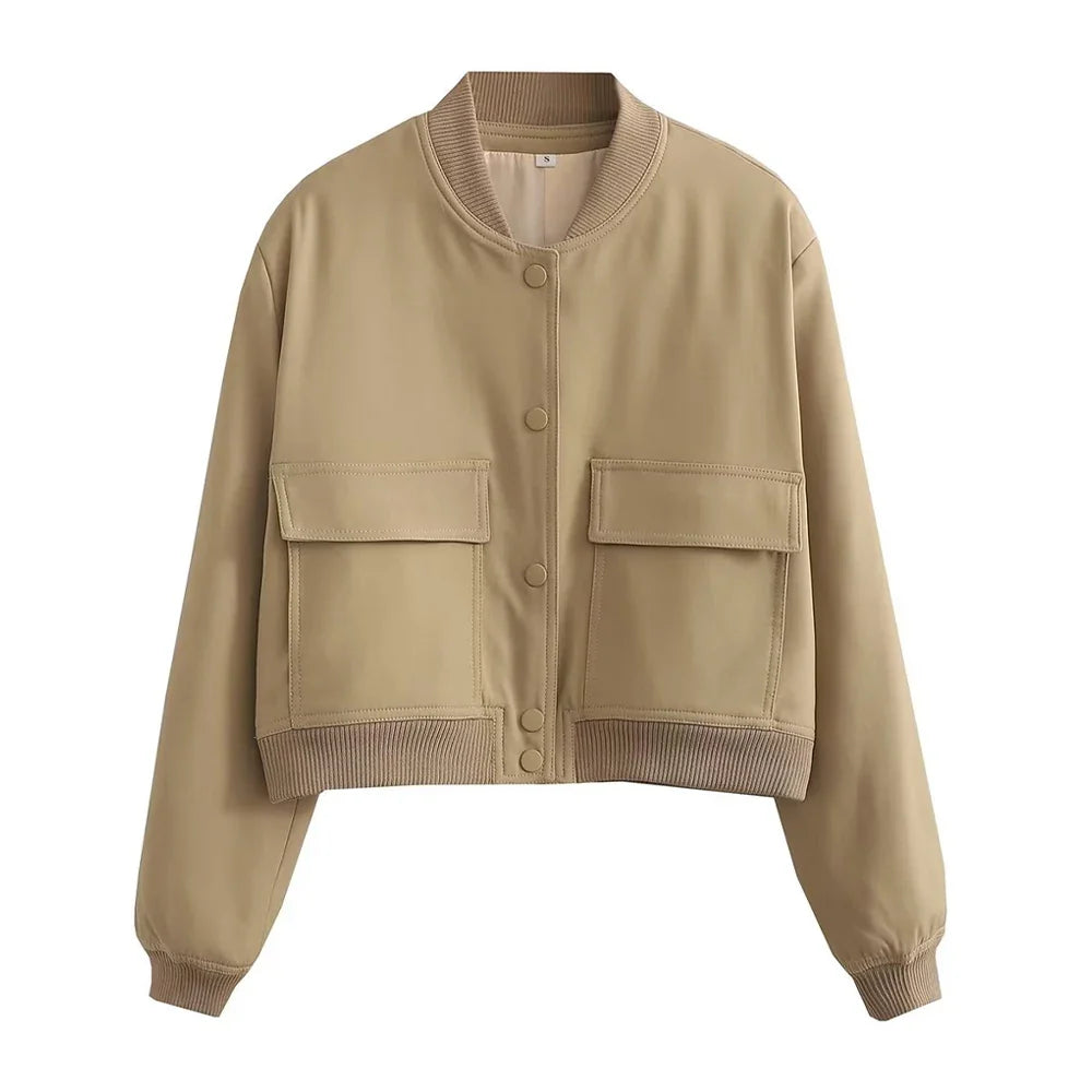Women Fashion With Pockets Bomber Jacket Coats Vintage Long Sleeve Front Button Casual Female Outerwear Chic Tops LadyShow.Store