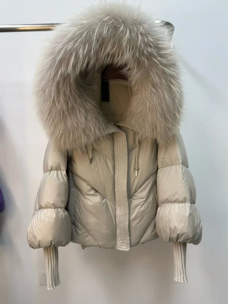 Women Winter Goose Down Jackets Real Fox Fur Collar Hooded Thick Natural Raccoon Fur Female Outwear Warm Loose Puffer Coats LadyShow.Store