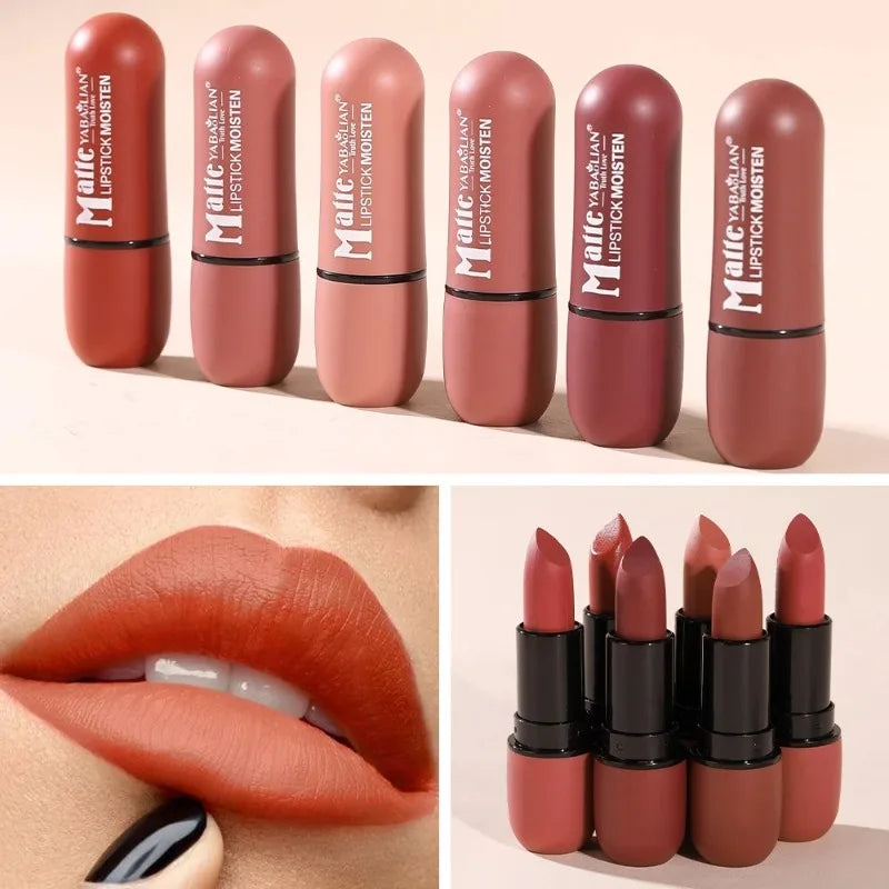 6-Color Matte Velvet Sexy Lipstick Waterproof Long-Lasting Nude Brown Lipstick Smooth High Pigment Profissional Lipgloss Makeup Pi-Mart