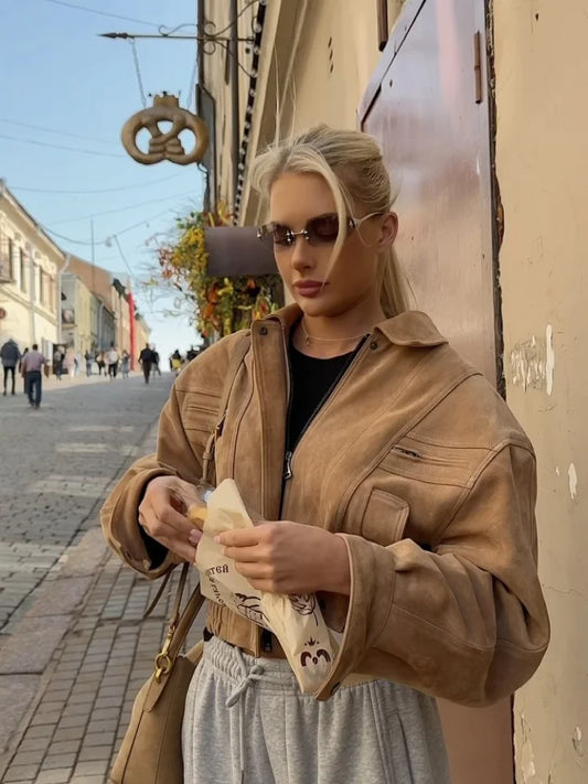 Brown Retro Suede Lapel Zippered Short Jackets Women's Casual Full Sleeves Pocket Loose Coats 2026 Spring Daily Commute Outwear LadyShow.Store