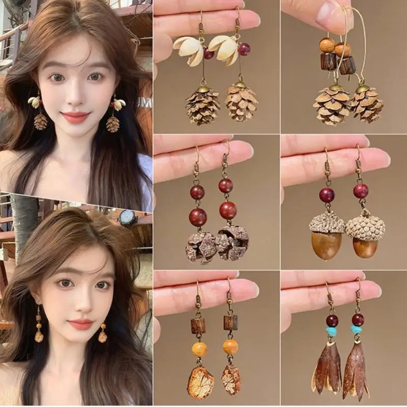 1Pair Vintage Wooden Plant Earring For Women Creative Natural Plant Dried Fruits Drop Earrings Ethnic Jewelry Pi-Mart