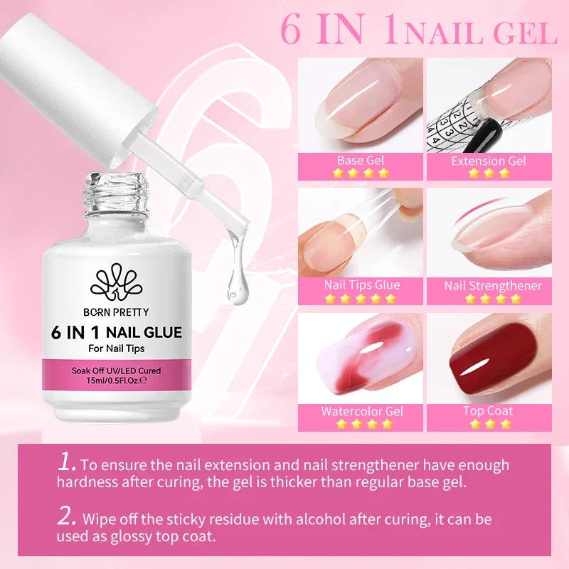 BORN PRETTY 6 IN 1 Nail Glue Gel 15ML for Acrylic Nails Soak off Base Gel Top Coat UV Extension Nail Gel False Nail Tips Gel Tri Light Beauty