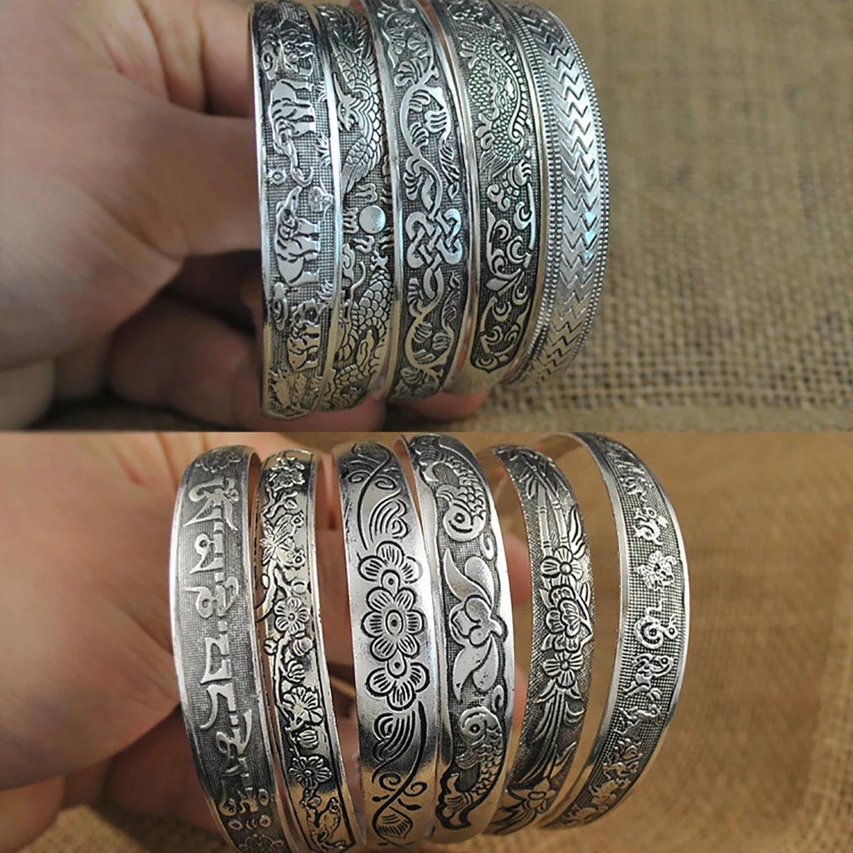 New Retro Cuff Bracelets Tibetan Silver Metal Carving Fish Elephant Flower Bangles Vintage Gypsy Jewelry Female Gifts Pi-Mart