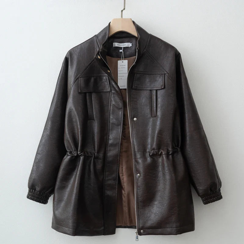Women Fashion 2025 Fall / Autumn Pu Leather Jacket with Elastic adjustable waist Female Coat and Outerwear LadyShow.Store