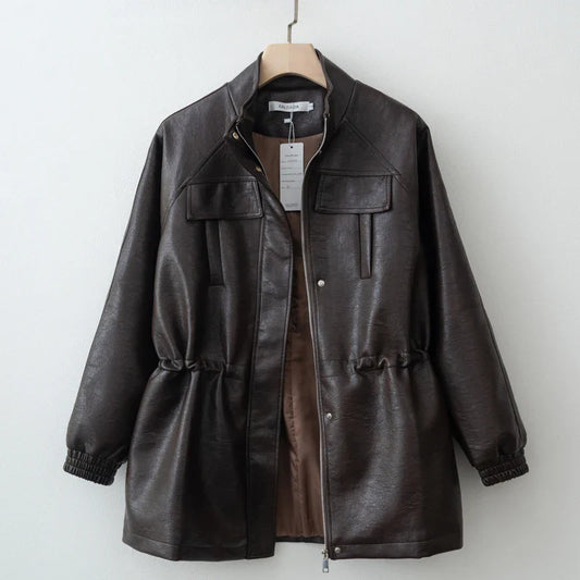 Women Fashion 2025 Fall / Autumn Pu Leather Jacket with Elastic adjustable waist Female Coat and Outerwear LadyShow.Store