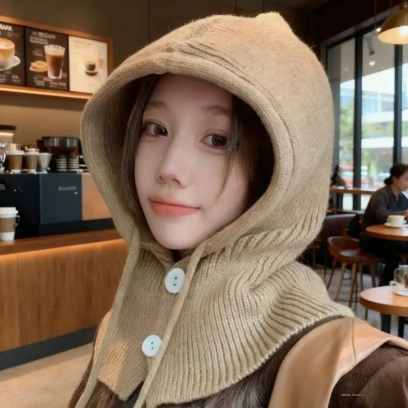 Winter Balaclava Hat Warm Knitted Women's Hood Hat Solid Color One-piece Neck Pullover Cap Outdoor Cashmere Caps Pi-Mart