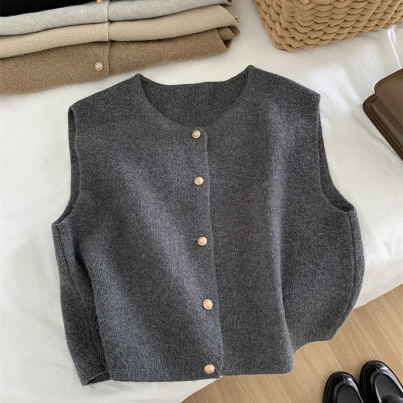 Women Sweater Vest Gold Button Up Waistcoat Soft Knitted Sleeveless Cardigan Jacket Top Fall Winter Korean Ladies Chic Outfit LadyShow.Store