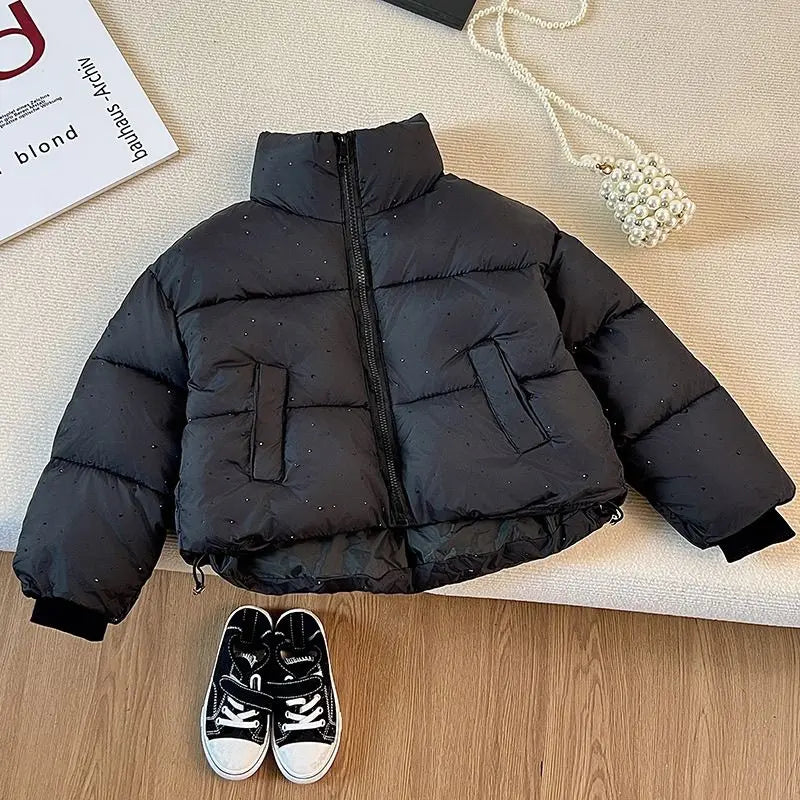 2025 Winter Girls Rhinestone Puffer Jacket Korean Star-Studded Fashion Coat Glitter Zip-Up Quilted Down Jacket LadyShow.Store