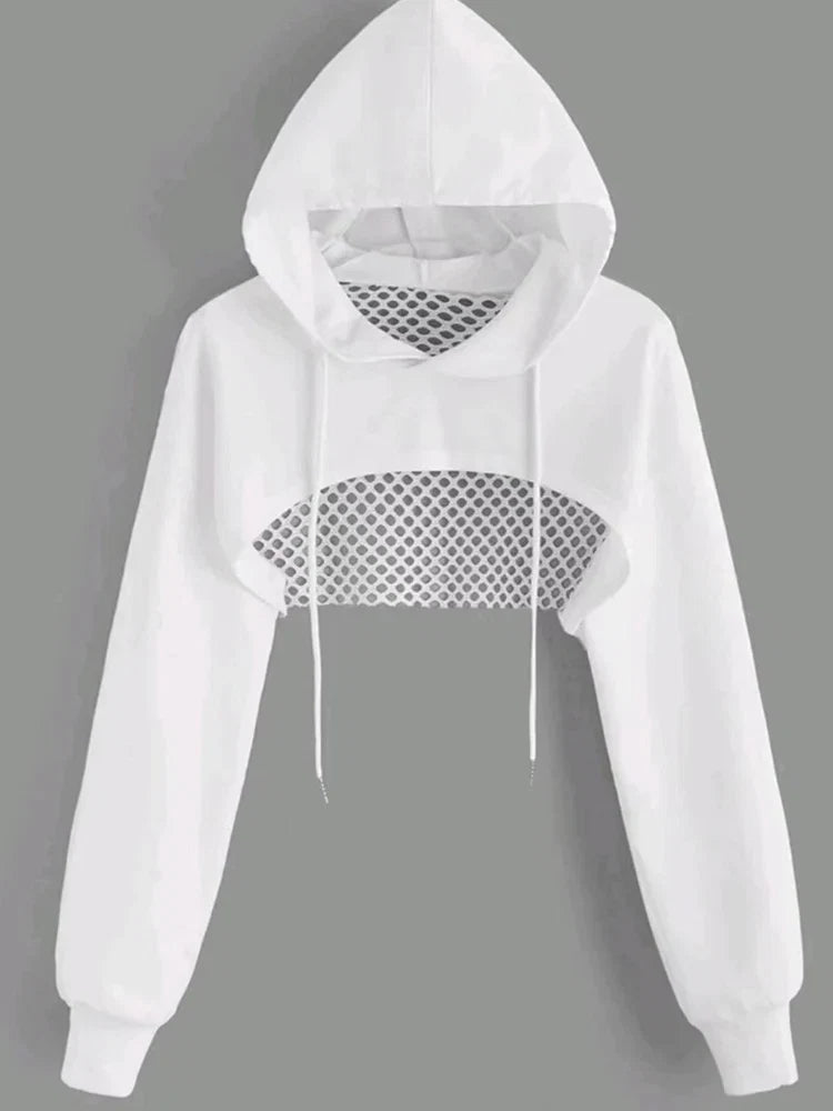 Street Sport Drop Shoulder Drawstring Hollow Out Super Crop Sports Hoodie Without Cami Top LadyShow.Store