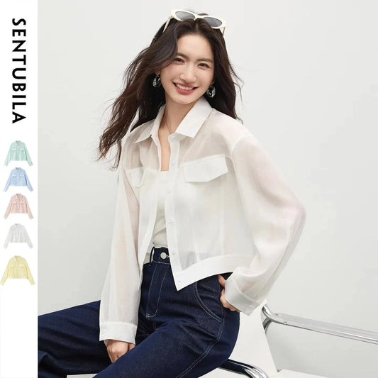 SENTUBILA Lyocell Shirt Women Sun Protection See-Through Tops 2026 Spring Summer Short Shirt Jacket Woman Shackets Q61WF6012 LadyShow.Store