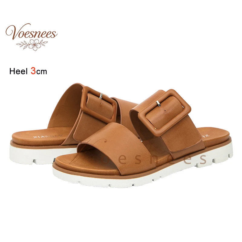 Adjustable Square Buckle Women Slide Sandals Two Strap Platform Slippers Low Heel Soft Sole Summer Open Toe Walking Casual Shoes Pi-Mart