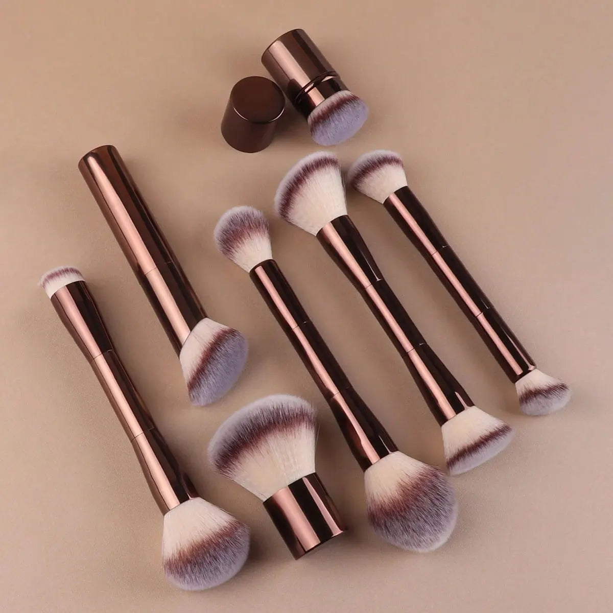 7pcs Professional Makeup Brush Set, Includes: 4pcs Dual-Ended Face Brushes, 1pc Angled Brush, 1pc Short Handle Foundation Brush, Tri Light Beauty